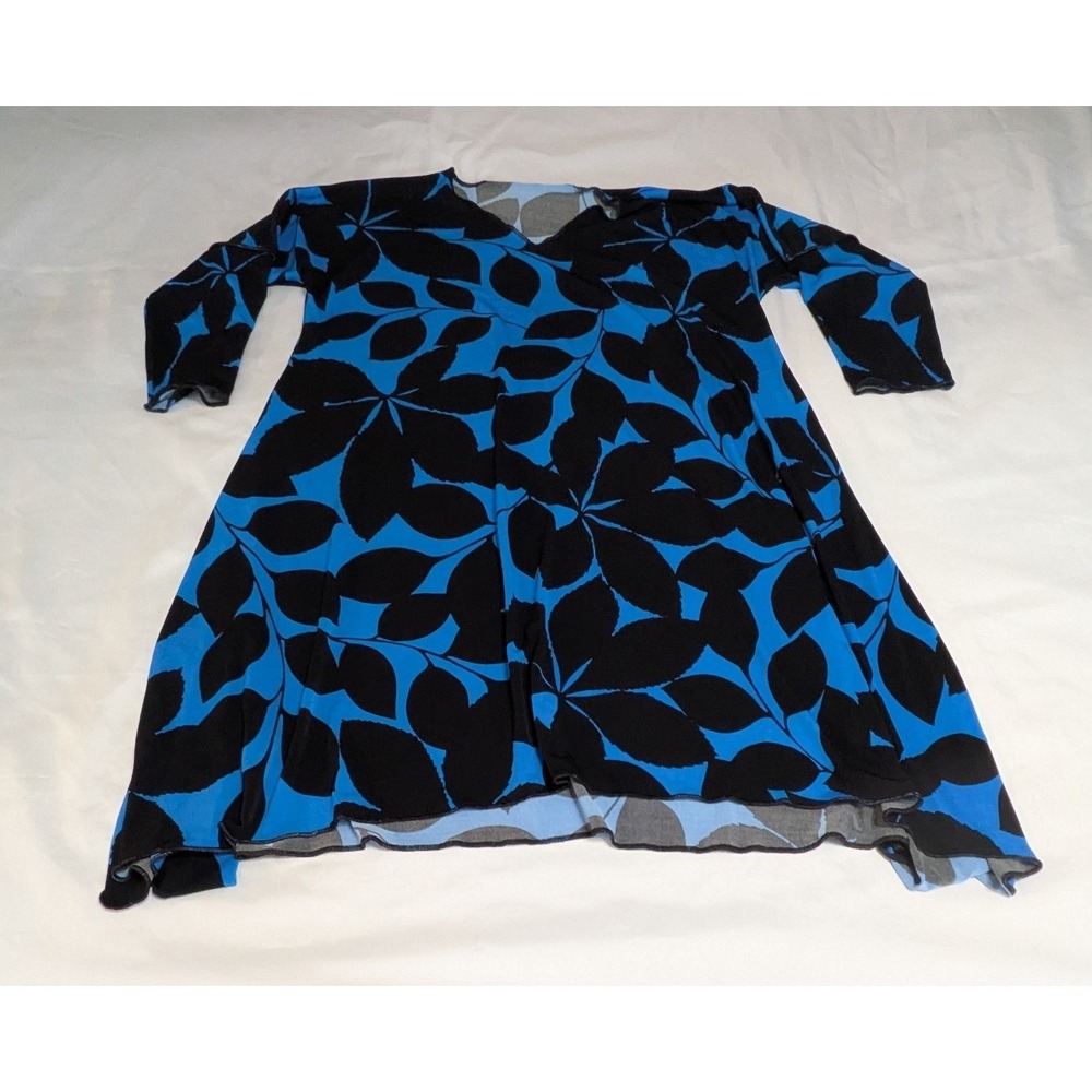 Unbranded Tunic Top Womens L Blue Black Excellent Leaf Print Sharkbite Boho